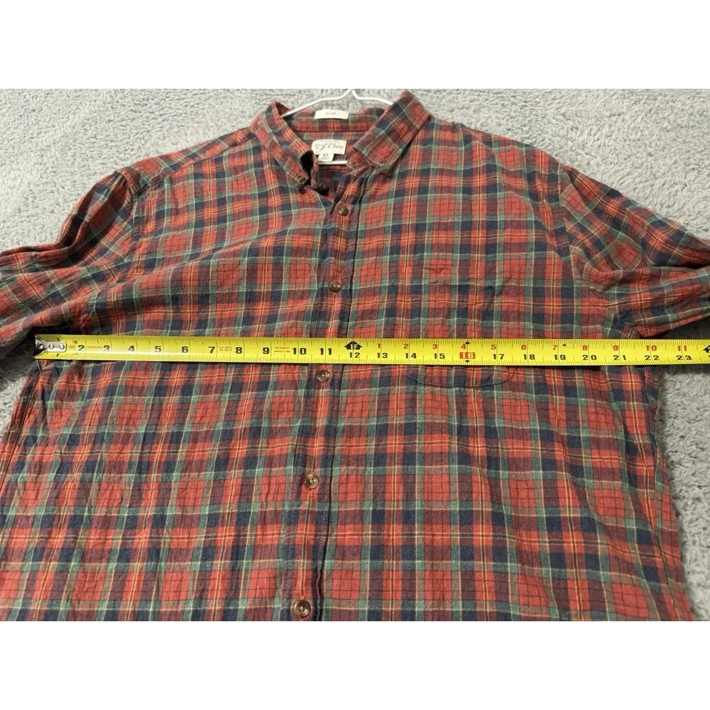 J Crew‎ Shirt Men Extra Large Red Check Slim Fit Brushed Twill Button Up